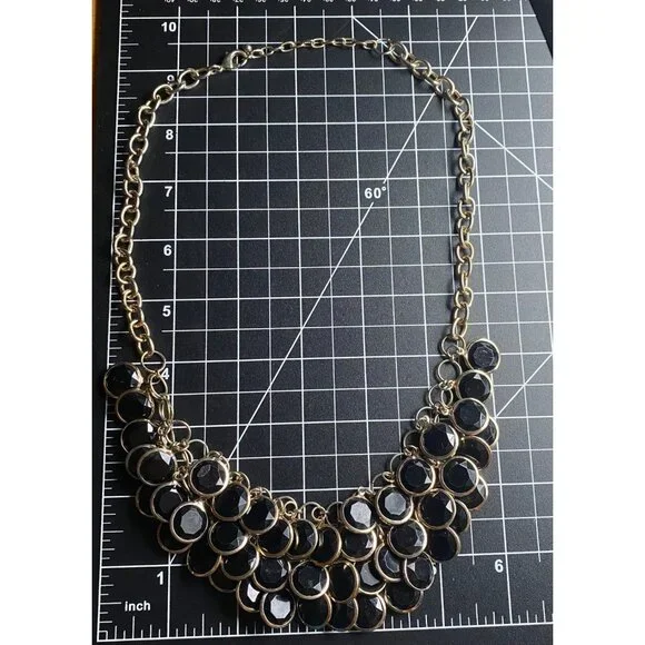 Black Faceted Acrylic Bib Necklace Muted Gold Tone Statement Color Layer 20+2" - Picture 6 of 6